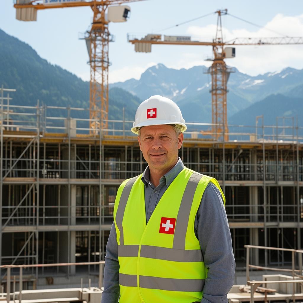 Bauarbeiter auf einer Schweizer Baustelle mit Alpenpanorama